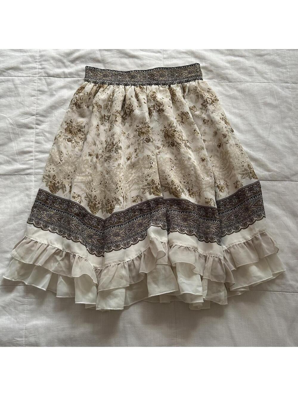 Axes Femme Cream Brown Floral Paisley Border Ruffle Midi Skirt M Japan